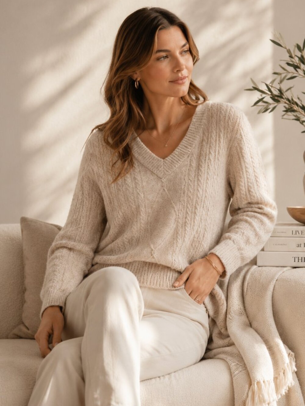 MINNIE ROSE NWT Cream Cable Knit Sweater V-Neck Luxe Soft Quiet Luxury Pullover
